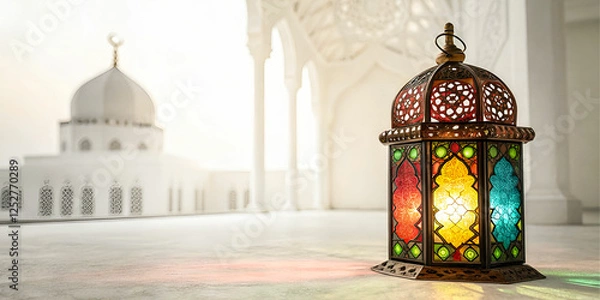 Fototapeta Color Eid real lantern glowing with white clean background 