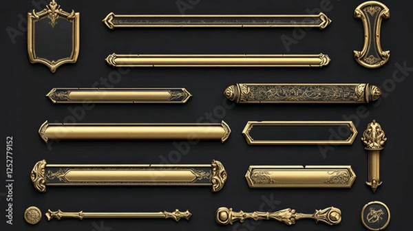 Obraz Medieval buttons, ui game menu elements, gold metal oblong banners and ornate rims. Empty royal gui bars for rpg or arcade, ranking borders, web design interface Cartoon 3d vector illustration, set