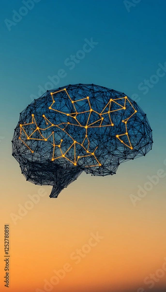 Fototapeta Digital brain network with glowing nodes against sunset sky, symbolizing innovation and artificial intelligence.