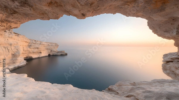 Fototapeta Coastal cave sunrise seascape; tranquil ocean view