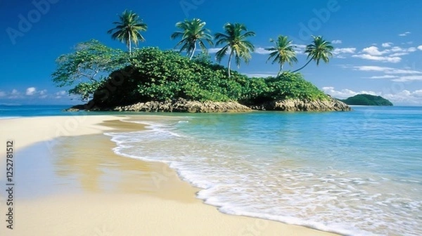 Obraz Tropical Island Paradise with Sandy Beach and Clear Turquoise Waters under a Blue Sky