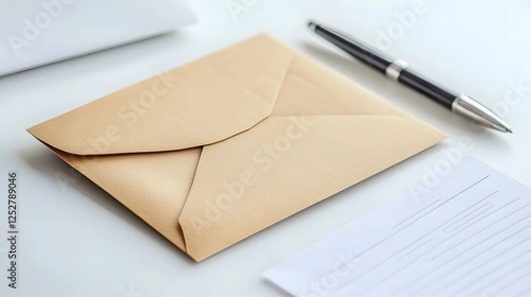 Fototapeta Brown Envelope and Pen on White Desk with Blank Note Paper