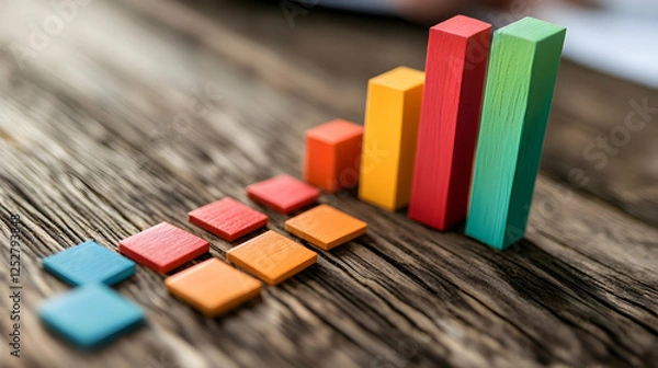 Obraz Colorful bar graphs arranged on a wooden surface, representing data visualization and financial analysis.
