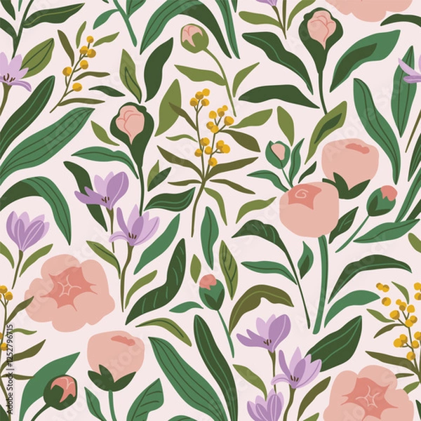 Fototapeta Stylish vector seamless pattern in pastel colors. Spring botanical print design in hand-drawn style. Decorative peony and rose. Beautiful Floral seamless texture for fabric, wallpaper or wrapping. 