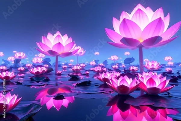 Fototapeta Glowing Lotus Lake – Tranquil lake with floating neon lotus flowers casting dreamy reflections. 3d render