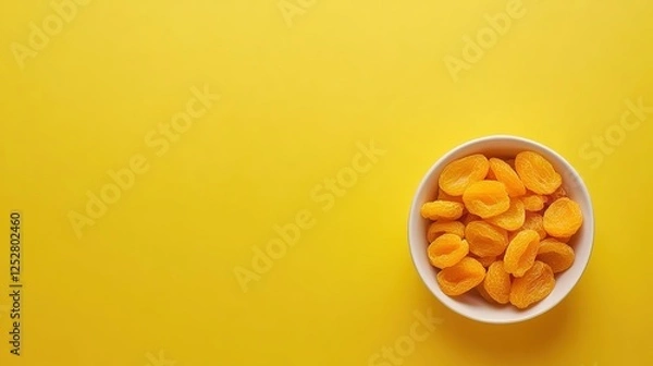 Fototapeta Dried Apricots in White Bowl on Yellow Background. Flat Lay with Space for Text or Caption, Healthy Snack and Fruit Concept