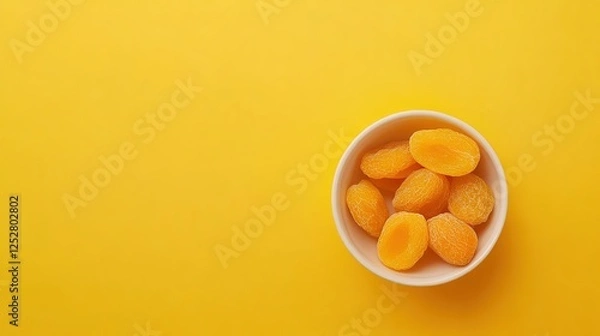 Fototapeta Dried Apricots in White Bowl on Yellow Background. Flat Lay with Space for Text or Caption, Healthy Snack and Fruit Concept