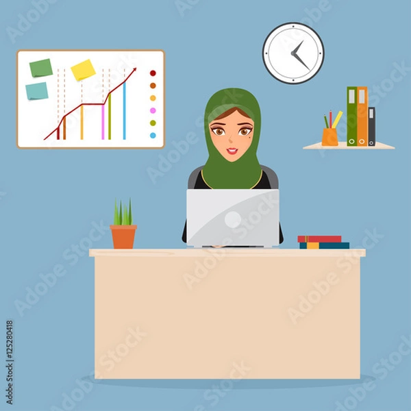 Fototapeta Arab woman character working with computer at office room.