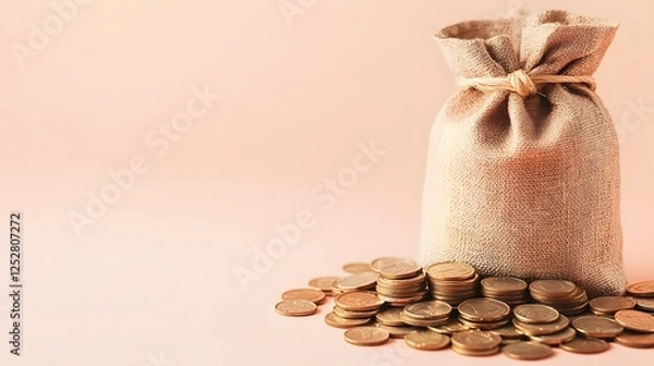 Fototapeta Burlap Bag Filled with Coins on a Soft Pink Background