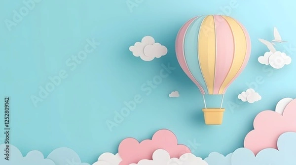 Fototapeta Colorful Hot Air Balloon Floating in a Blue Sky with Paper Clouds