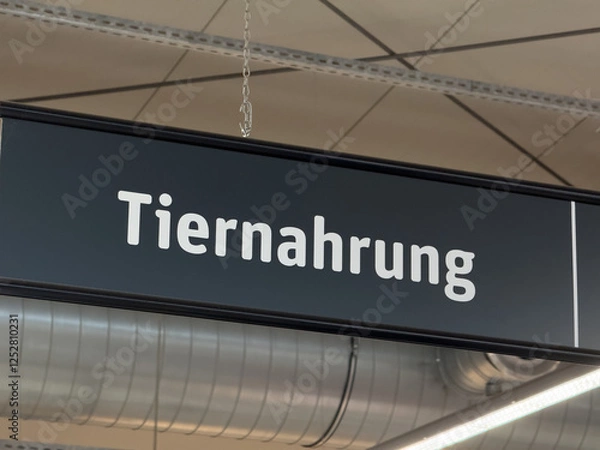 Fototapeta  Schild Tiernahrung über Regal der Warengruppe in Supermarkt mit Katzenfutter und Trockenfutter, Abteilung Heimtierbedarf und Haustier-Futter am Point-of-sale POS 