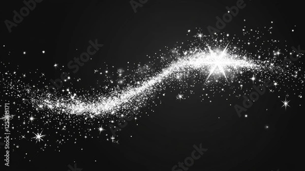 Fototapeta White shimmer with snow and star glitter. Magic dust with wind effect on black background. Can be used as png for Christmas and winter design. Realistic vector snowflake and sparkle texture.