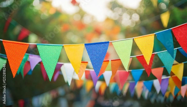 Obraz Generated image, Colorful triangular flags on blur background for outdoor party celebration 