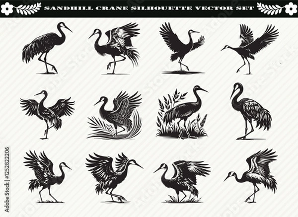 Obraz Sandhill Crane Silhouette Vector Set: 12 Designs