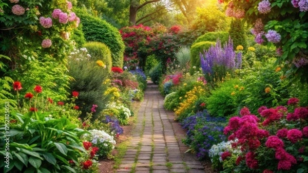 Obraz Tranquil garden path surrounded by vibrant flowers and lush greenery, lush garden, blooming flowers, steps, greenery