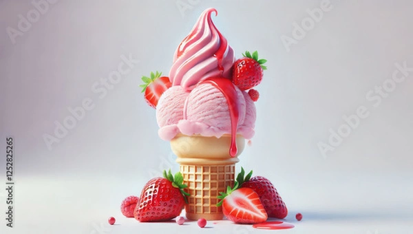 Fototapeta Delicious strawberry sundae dessert indulgence in a bright studio close-up view