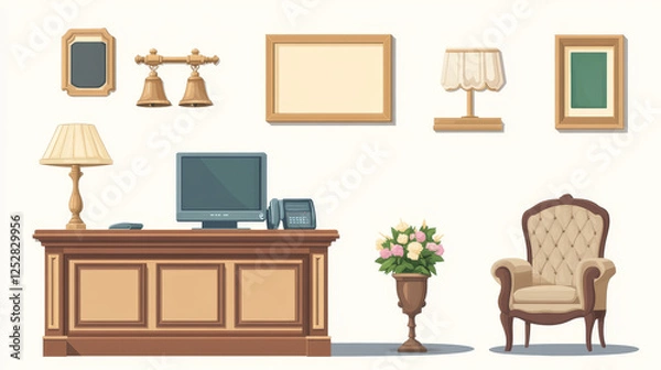 Obraz Hotel reception furniture set isolated on white background. Vector cartoon illustration of wooden desk, computer display, lamp, bell, armchair, luxury framed picture and bunch of flowers in vase