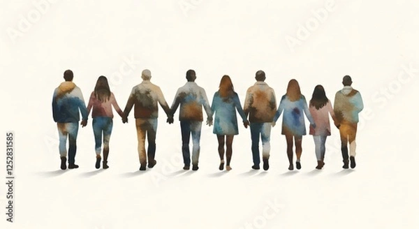 Obraz Illustration of diverse group of people holding hands. Unity, community, and mutual support. The essence of teamwork, cooperation, and the concept of helping each other in a multicultural society.