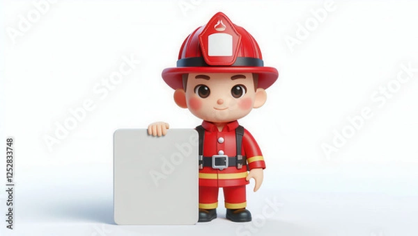 Fototapeta Firefighter character illustration for kids - holding a blank sign in studio