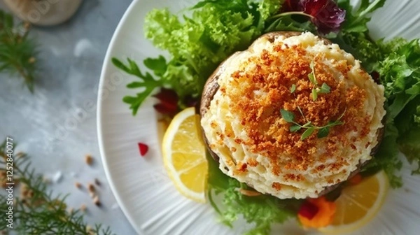 Fototapeta Stuffed champignon mushrooms filled with cheese and breadcrumbs, beautifully baked and served on a white plate with a side of fresh greens and a lemon wedge.