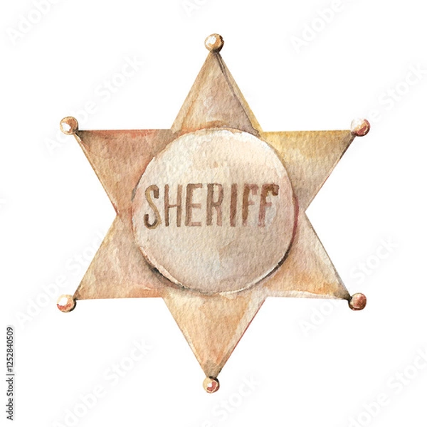 Obraz Sheriff's badge. hand painted watercolor six-pointed golden police star in the wild west