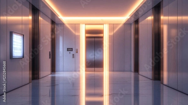 Fototapeta Empty hallway with light from open elevators doors. Vector realistic modern office or hotel lobby interior with lift, metal panel with buttons and floor display on wall