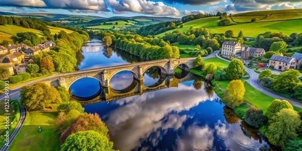 Fototapeta Aerial Macro View: River Wharfe & Pool Bridge, West Yorkshire, UK - Stunning Nature Photography