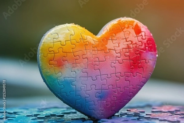 Fototapeta Rainbow heart puzzle with missing pieces, symbolizing love and diversity. Creative design with vibrant colors and abstract theme.