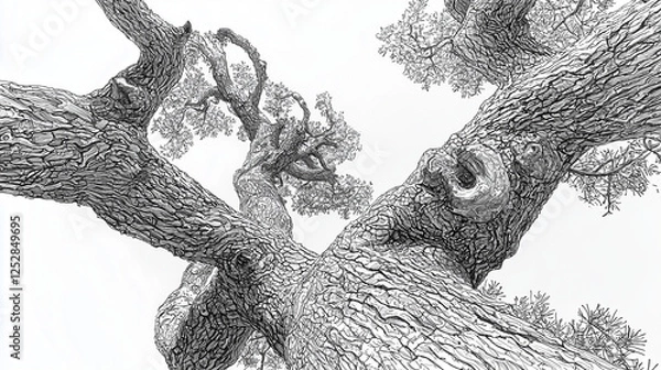 Fototapeta Highly detailed black-and-white gnarled tree illustration with intricate bark textures and a sense of natural age and majesty.
