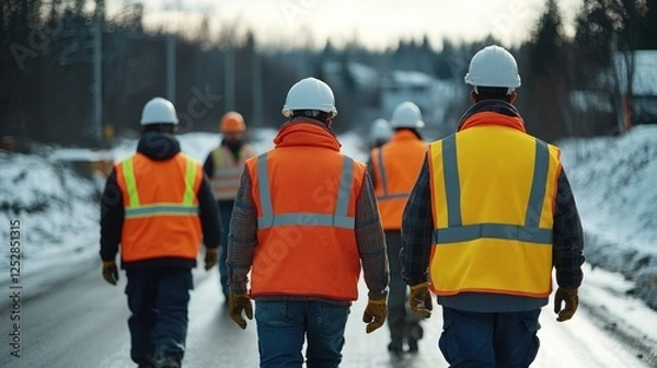 Obraz Construction workers in reflective vests walking on a snowy road in winter during a workday in a rural area
