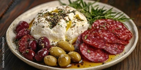 Fototapeta An enticing assortment of Mediterranean cheeses, olives and cured meats arranged in a ceramic dish on a wooden table. A delightful appetizer or tasting plate for any occasion.