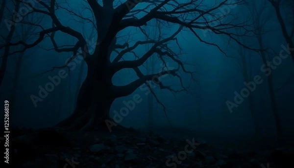 Fototapeta Dark Mysterious Tree Silhouette At Night
