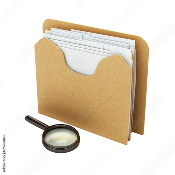 Fototapeta Isolated Tan Folder with Papers and Round Magnifying Glass