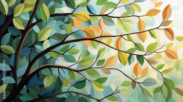 Fototapeta vibrant digital illustration of forest canopy with bold overlapping leaves shades of green, yellow, and orange, creating dynamic and textured composition. branches extend gracefully across image