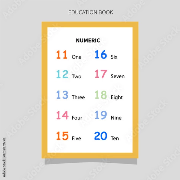 Fototapeta Worksheet Education book for kids. recognition of numbers, letters, colors, matching shapes, recognizing names of fruits, vegetables, writing numbers