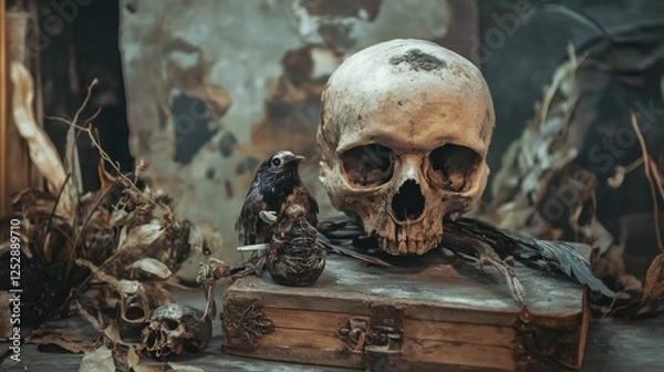 Fototapeta Still life with a skull and rustic elements on a wooden surface