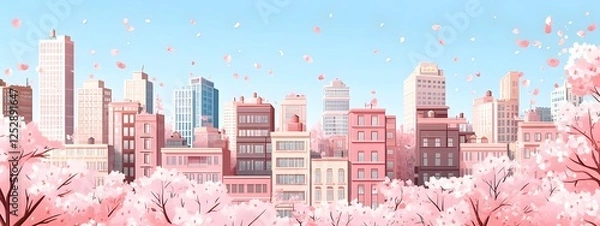 Fototapeta Cherry blossoms, blue sky, and city buildings in the background, in a cute style
