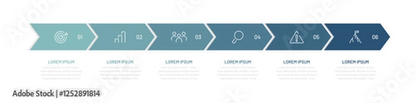 Fototapeta Timeline, infographic of six stages. Sequential processes. Modern diagram for presentation slide, report, web design