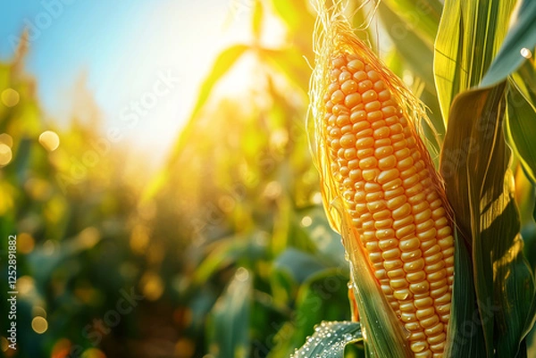 Fototapeta Close-up of a golden ear of corn with dew drops illuminated by soft sunlight in a lush green cornfield during sunrise. Concept of nature, agricultural bounty, farming, and sustainable agriculture.