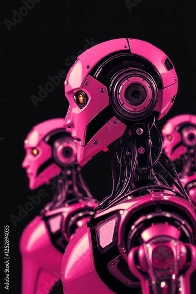 Fototapeta Futuristic pink robots with glowing eyes in a dark setting, showcasing advanced technology and design