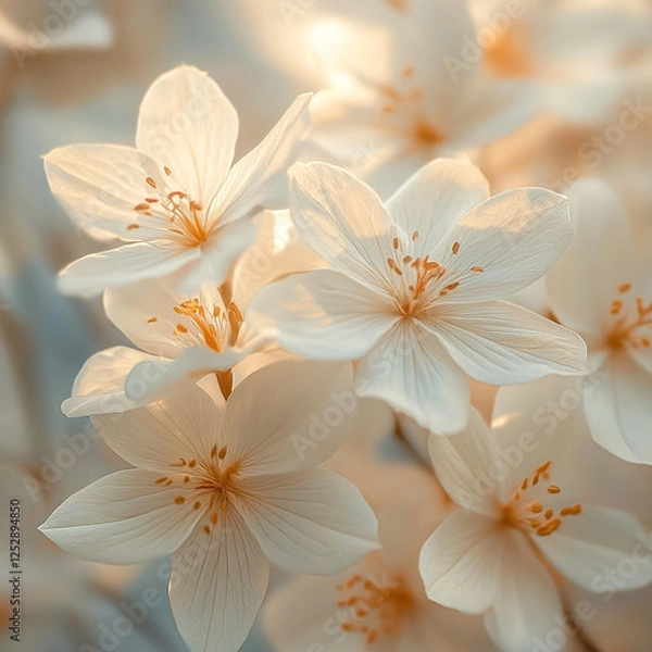 Fototapeta Delicate white cherry blossoms bloom softly in serene light during springtime, creating a tranquil atmosphere. Generative AI