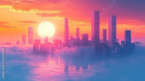 Fototapeta Vibrant Sunset Over a Modern City Skyline with Reflections in Water and Misty Clouds Creating a Dreamlike Atmosphere