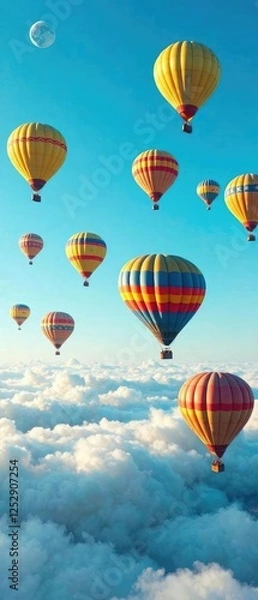 Obraz Vibrant hot air balloons float gently above a thick layer of clouds in a bright blue sky, sunny day, morning light