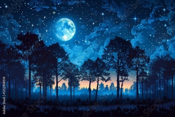 Fototapeta Bright full moon illuminating the night sky, surrounded by stars and silhouetted trees, creating a serene and captivating view that inspires a sense of peace and wonder.