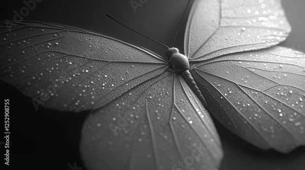 Fototapeta Delicate white butterfly, dew drops, dark background, nature macro