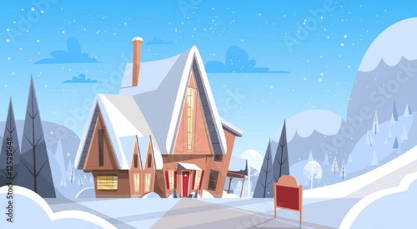 Fototapeta Snowy Village House Happy New Year Merry Christmas Greeting Card Banner Flat Vector Illustration
