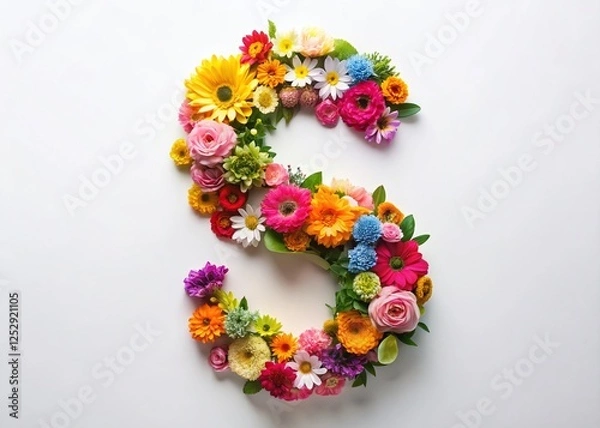Fototapeta Colorful Floral Letter S Alphabet, Spring Summer Flower Font, Minimalist Photography, White Background