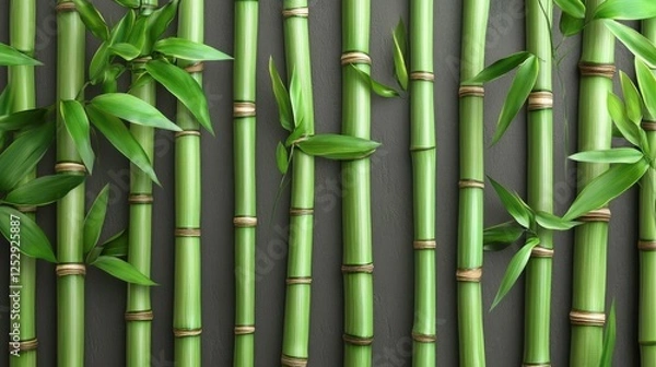 Fototapeta Green Bamboo Stalks with Leaves on a Dark Background for Serenity