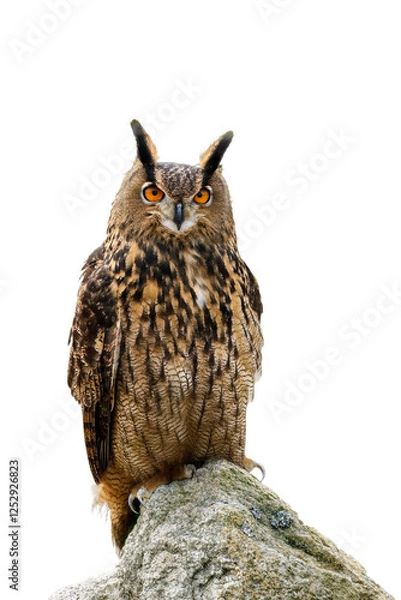 Obraz Owl isolated on white background. Eagle owl, Bubo bubo, perched on stone in autumn forest. Beautiful large owl with orange eyes. Bird of prey in natural habitat. Wildlife nature. Mountains area.
