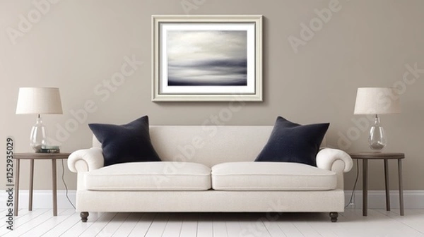 Fototapeta A cozy living room features a light-colored sofa with dark blue pillows, stylish side tables, and soft lamp lighting, Ideal for illustrating modern interior design, home decor, or lifestyle themes,